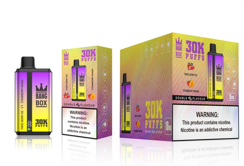 Vaporizador Desechable Al Por Mayor - Bang Box 30000 inhalaciones de dos sabores. helado de tres bayas y mango de fresa N64F867